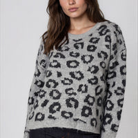 Grey leopard-print wool-blend jumper with round neck and long sleeves