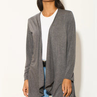 Charcoal open-front waterfall cardigan with long sleeves and draped asymmetric hem