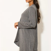 Charcoal waterfall cardigan with open front, long sleeves, and side drape