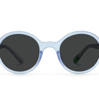 Light blue round sunglasses with dark polarized lenses, front view