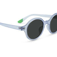 Light blue round sunglasses with dark lenses and green temple tip, side view