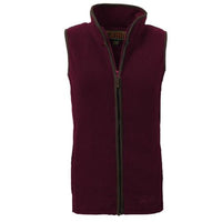 Maroon fleece gilet with a stand collar, full zip, and contrast trim