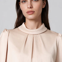 Champagne satin-look blouse with ribbed stand collar and gathered placket