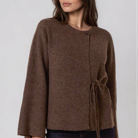 Brown side-tie cardigan with round neck, wide sleeves and side waist tie