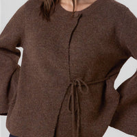 Brown cardigan with round neck and front placket, side waist tie, wide batwing sleeves