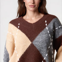 Contrast diamond argyle V-neck knit jumper in chocolate brown, cream and grey