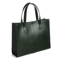 Dark green leather tote with sturdy straps, square base, and metal hardware