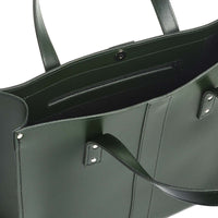 Dark green leather shopper with front tab, strap, and silver-tone rivets