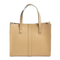 Handmade leather shopper tote in light tan with top handles and front center panel