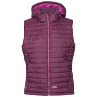 Women's burgundy padded gilet with hood, pink lining and front zip.