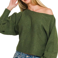 Dark olive boat-neck sweater with loose balloon sleeves and ribbed cuffs
