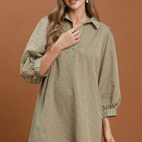 Olive striped mini dress with contrast collar, puff sleeves, and button front