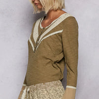 Olive ribbed knit top with white V trim, half-button placket, long sleeves