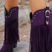 Purple fringe round-toe block-heel boots with studded strap and double ankle buckles
