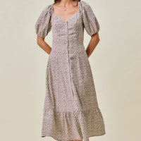 Ditsy floral elastic-waist maxi dress with square neckline and gathered puff sleeves