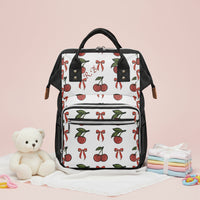 Diaper Bag Backpack Large | Personalized White Cherry & Red Bow Print