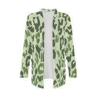 Green Leopard Print Open-Front Cardigan with Pockets