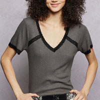 Charcoal textured T-shirt with black lace V-neck and scalloped sleeve trim