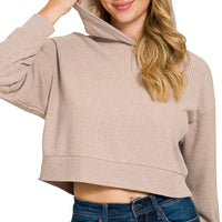 Ash mocha ribbed crop hoodie with hood, dropped shoulders, long sleeves
