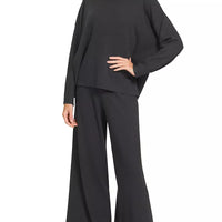 Black viscose sweater top and wide-leg pants set, crew neck, long sleeves