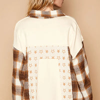Beige plaid and star patchwork long-sleeve shacket, back view