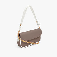 Small brown leather shoulder bag with white shoulder strap and gold chain detail