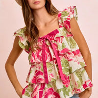 Floral ruffle square-neck top with bow tie, sleeveless with tiered ruffles in rose print