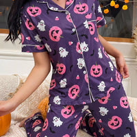 Purple jack-o'-lantern and ghost pajama set: button-down top and long pants