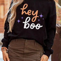 Black Halloween sweatshirt with 'hey boo' front graphic, crew neck, long sleeves
