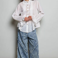 Ivory pintuck button-down shirt with lace-trim collar and long sleeves
