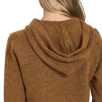 Womens deep camel zip-up hooded cardigan back view with draped hood