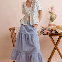 Ivory shell-print blouse with tie-front and flutter short sleeves