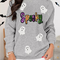 Gray sweatshirt with sequin 'Spooky' lettering and white ghost appliques