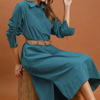 Teal collared button-front midi dress with ruched sleeve detail and midi length