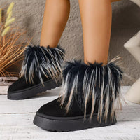Black platform ankle boots with fluffy faux-fur trim and thick sole