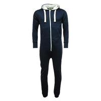 Navy unisex onesie with lined hood, front zip, drawstrings and pockets