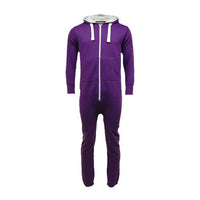Purple unisex onesie with lined hood, front zip, drawstrings and pockets