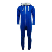 Royal blue unisex onesie with lined hood, front zip, drawstrings and pockets
