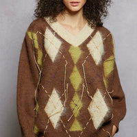 Mocha V-neck argyle mohair sweater with long sleeves, diamond motifs, and visible contrast stitching