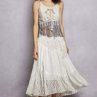 Natural lace-up tank with tiered lace hem and multicolor fringe waistband