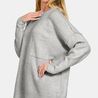 Grey drop-shoulder sweater with ribbed cuffs and high-low hem