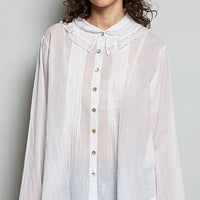 Ivory woven button-down shirt with pintuck placket and lace-trim cuffs
