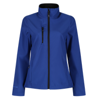 Women's royal blue softshell jacket with stand collar, full zip, and chest zip pocket