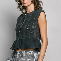 Black lace sleeveless peplum top with round neck, button placket, and ruffled hem