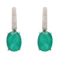 Silver oval drop earrings with emerald-green cabochon and pave tops