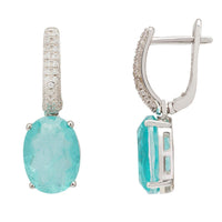 Silver oval drop earrings with paraiba tourmaline and pavΓ© accents, front and side view