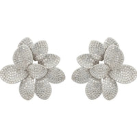 Silver glitter flower stud earrings with five layered petals and round center