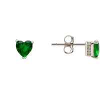 Silver stud earrings with faceted emerald-green heart and clear stone accents