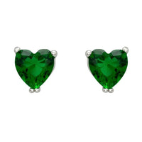 Silver heart stud earrings with emerald-green faceted gemstone setting