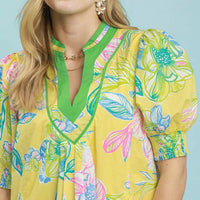 Lemon floral botanical print dress with V-neck, puff sleeves, smocked cuffs